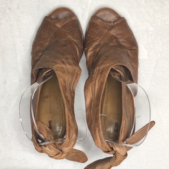 SCHULER & SONS Philadelphia Peep Toe Tie Back Tan Leather Heels 6 - Picture 4 of 11